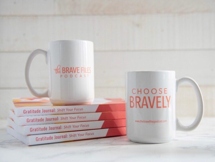 Gratitude Journal: Shift Your Focus, Choose Bravely Mug. The Brave Files Podcast. Vickery and Co. Heather Vickery